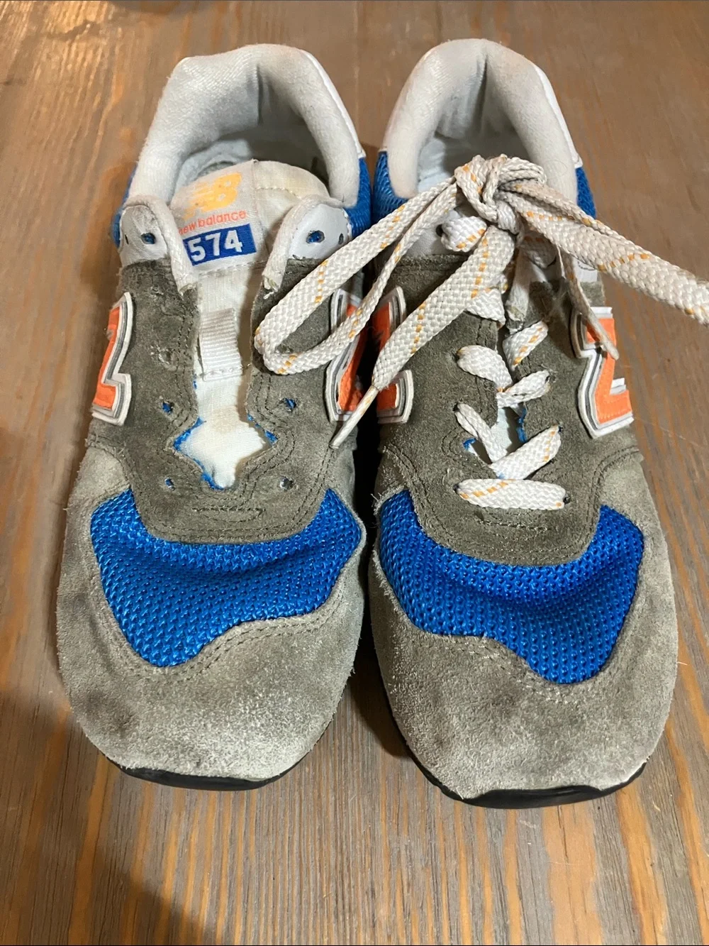 New Balance Kids Blue and Gray Sneakers with Orange Accents